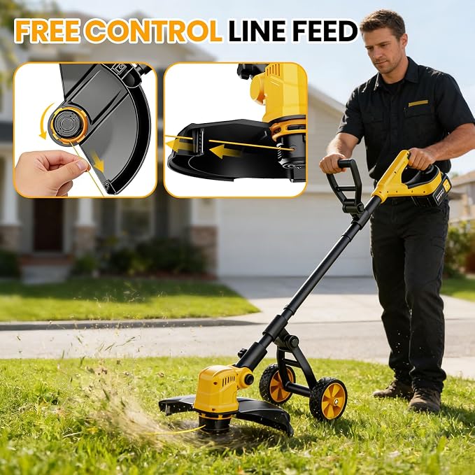 14-Inch Cordless String Trimmer with Wheels, 2x3.0Ah 21V Battery Powered Weed Eater, Electric Lawn Mower Weed Wacker, Brush Cutter Grass Trimmer for Garden Yard