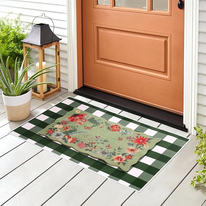 Fourluoo 2 Piece Floral Door Mat Floral Scalloped Coco Coir Doormats Green and White Plaid Welcome Mat 28 x 40 Inch Non Slip Boho Layering Front Door Rug for Indoor Outdoor Entrance Front Porch