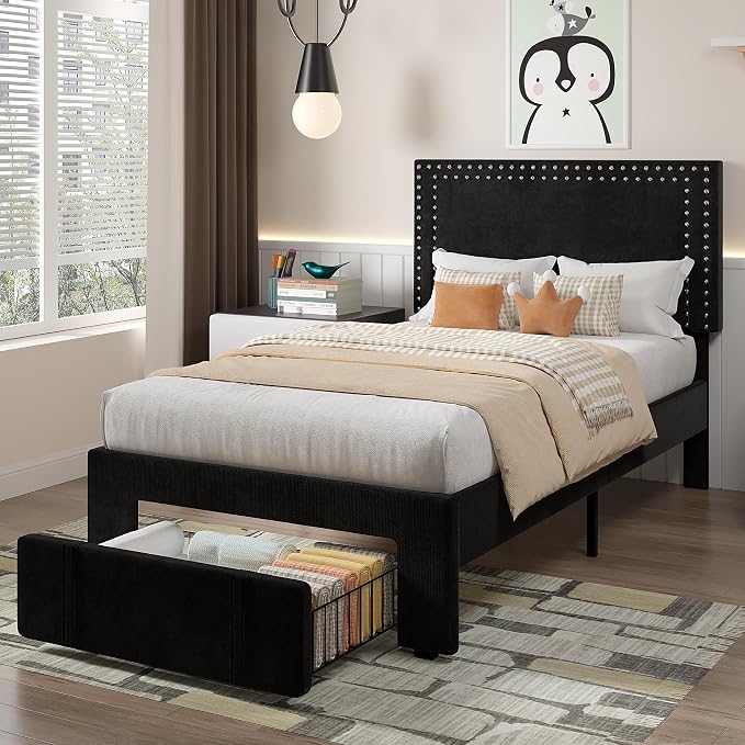 VECELO Twin Size Upholstered Bed Frame with Storage Drawer, Adjustable Velvet Rivet Decor Headboard, Wooden Slats Platform Support, No Box Spring Needed, Easy Assembly,Black