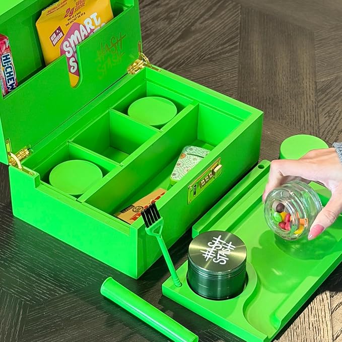 HASHSTASH The OG Storage Box - Large Bamboo Box with Combination Lock, Magnetic Lid, Organizer Tray, Airtight Tube and 3 Jars - Discreet Decorative Locking Wooden Box with Accessories (Neon Green)