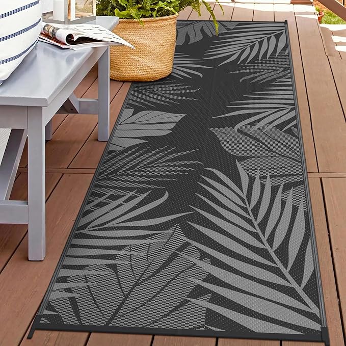 GENIMO Outdoor Rug, Waterproof Plastic Runner Rugs, 2.5'x8' Black Grey | Outside Leaf Carpet Mat for Patio Decor, Porch, Deck, Balcony, Camping, RV, Picnic, Beach, Reversible, Foldable, Lightweight