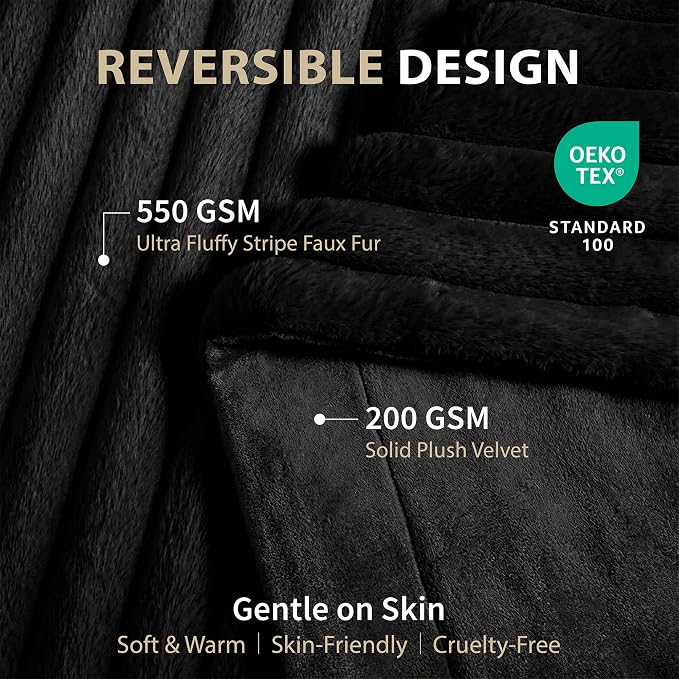 DEZ FURNISHINGS Luxury Reversible Textured Stripe Faux Fur & Velvet Throw Blanket, Twin (66" x 90"), Black