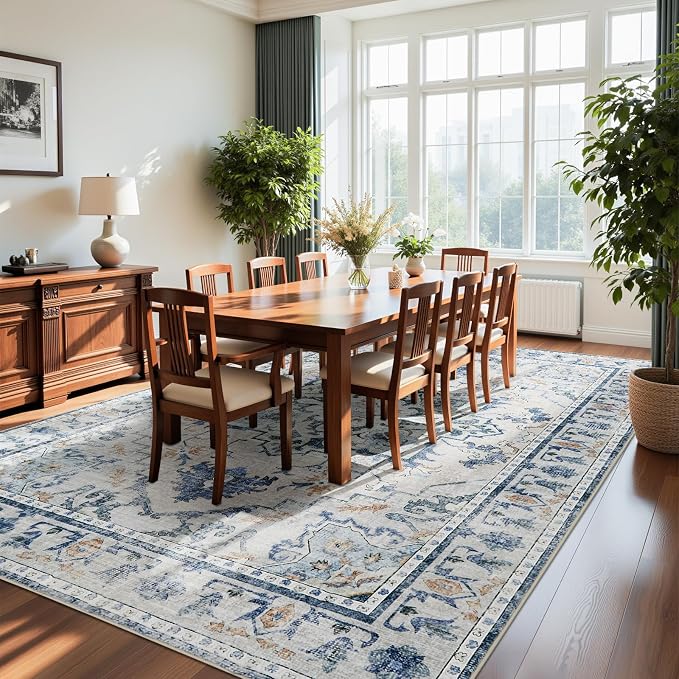 Joydeco 8x10 Area Rugs for Living Room, Non Slip Machine Washable Vintage Rug, Low Pile Chenille Print Rugs for Bedroom, Dining Room, Home Office, Pet & Child Friendly, Blue&Grey