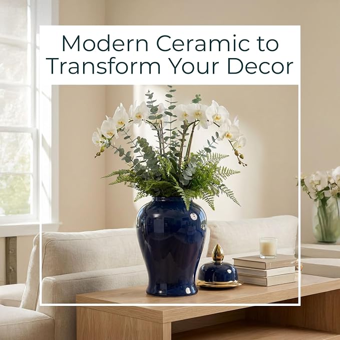 Ceramic Temple Jar with Lid for Living Room Decor - Contemporary Flower Vase for Bedroom, Home Styling, and Kitchen Counter - Sculpted House Accent for Office and Table Decor - 18", Blue & Gold
