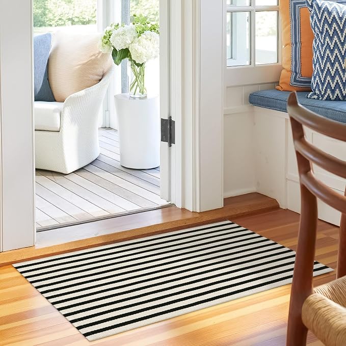 OJIA Front Door Mat 24"x35" Front Door Rug Outdoor Mat Porch Rug Doormat | Black Cream Striped Rug Machine Washable Entry Rug Cotton Woven Indoor Outdoor Small Area Rugs for Entrance/Entryway Decor