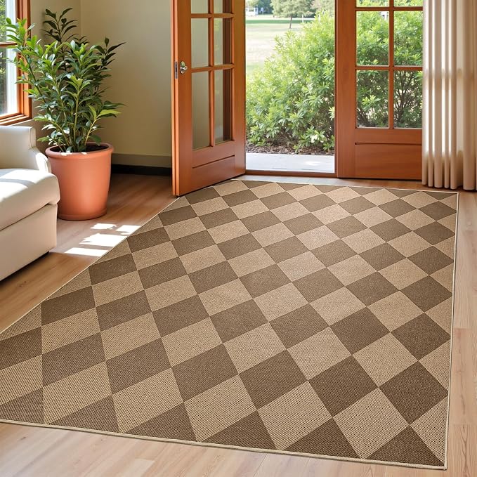 EDIMENS Checkered Easy Jute 5x7 Outdoor Rug Washable Living Room Area Rugs | Brown Non Slip Outdoor Patio Rug Diamond Indoor Black Farmhouse Geometric Carpet for Backyard Front Porch Balcony