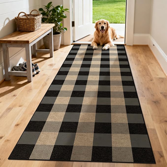 Washable Checkered Easy Jute Runner Rug 2x6, Black Grey Plaid Checkerboard Boho Outdoor Indoor Patio Rug, Woven Non Slip Thin Neutral Long Runner Carpet for Hallway Kitchen 6ft Entryway Porch