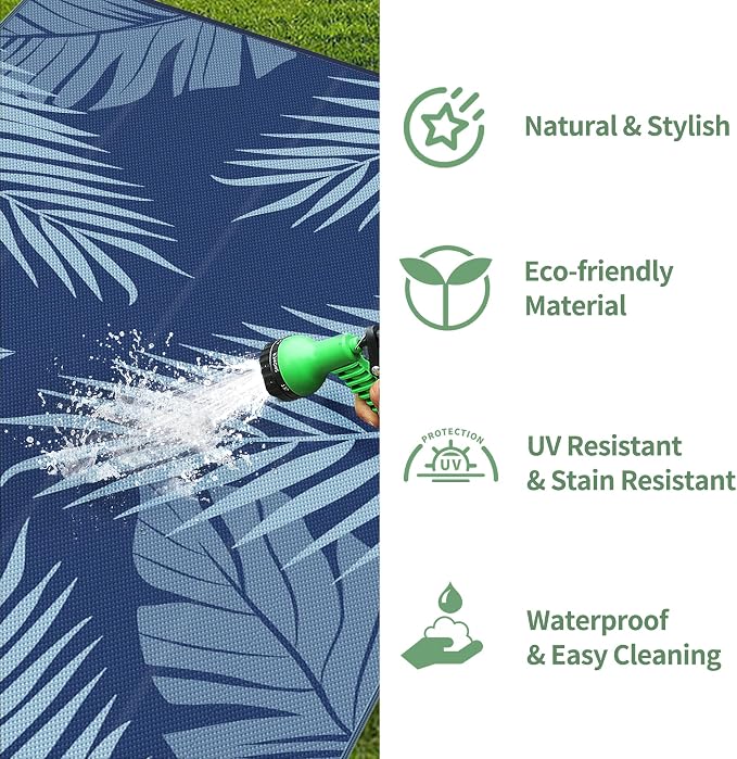 GENIMO Outdoor Rug, Waterproof Plastic Rugs 10'x14' for Camping Blue | Outside Larger Leaf Carpet Mat for Porch Decor, Deck, Camping, RV, Backyard, Balcony, Picnic, Beach, Reversible, Foldable