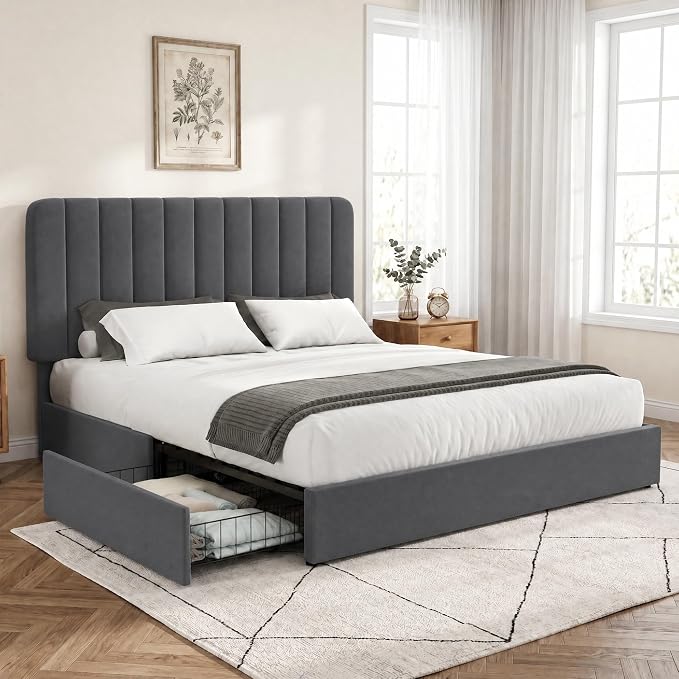 VECELO Full Size Upholstered Bed Frame with 4 Drawers and Headboard, Velvet Platform Storage Bedframe, Wooden Slats Support, No Box Spring Needed,Dark Grey