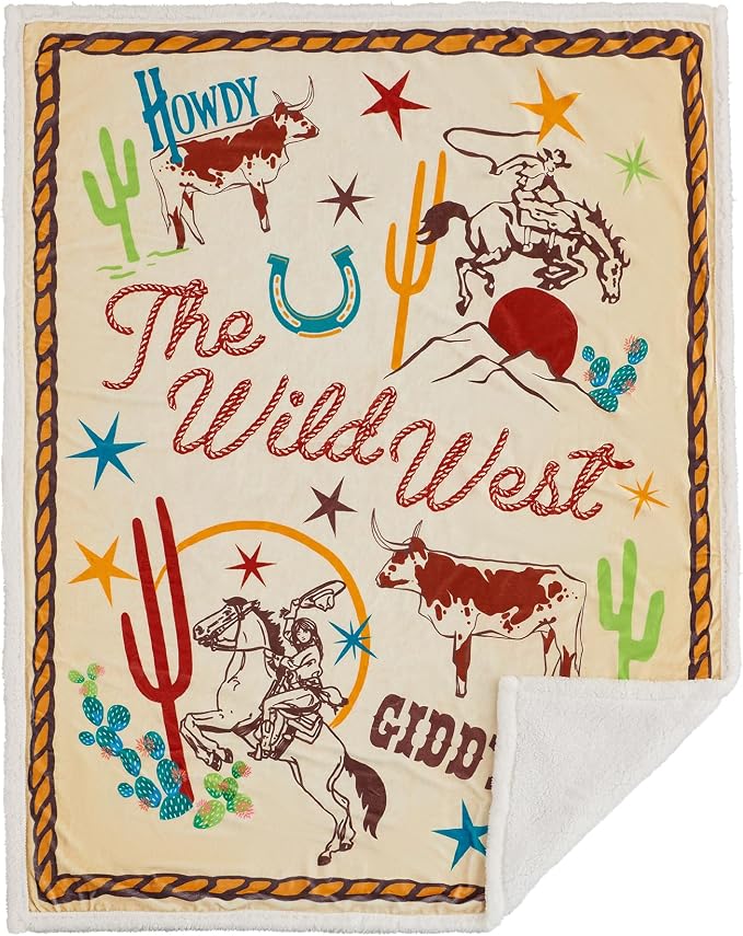 Indigo Hill by HiEnd Accents Retro Rodeo Sherpa Throw Blankets, Riders Salute Cowgirl Horseshoe Cactus Print Western Blanket for Camping, Rustic Southwest Southwestern Fleece Blanket, 54x68 inch