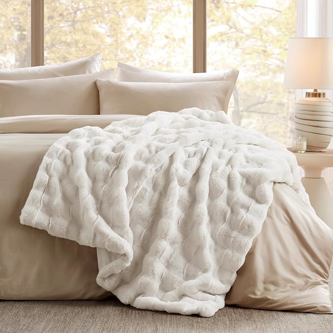 Madison Park Vivienne Faux Fur Throw Blanket Velvet, 50 x 60, Ivory | Cozy Warmth for Sofa or Bed, Reversible, Lightweight, OEKO-TEX Certified