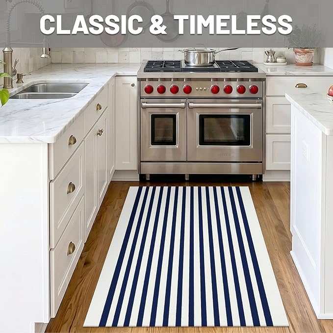 IOHOUZE Striped Area Rug 3'x5' Front Door Rugs Small Washable Area Rug for Front Porch, Spring Summer Welcome Door Mats Outdoor Indoor, Doormat for Entryway Porch Entrance, Navy/White