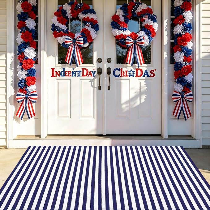 CAINANEL Blue and White Striped Rug 4th of July Door Mat 3' x 5' Summer Front Porch Rug Independence Day Welcome Doormats for Farmhouse Entrance Porch Outdoors Decor(Blue and White, 3' x 5')