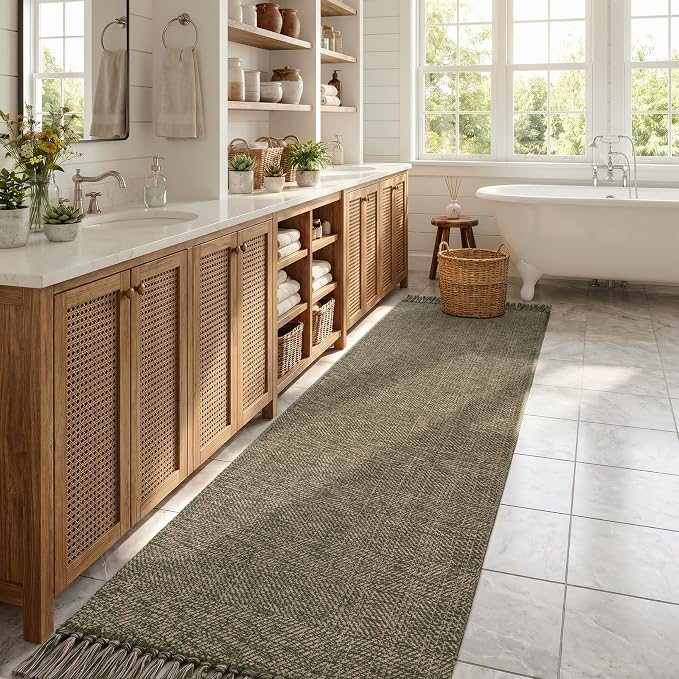 Collive Hallway Runner Rug 2.6' x 10', Boho Washable Kitchen Runner Rugs Hand Woven Bathroom Mats, Moss Green Modern Farmhouse Indoor Entry Hall Carpet for Bedroom Entrance Porch Decor