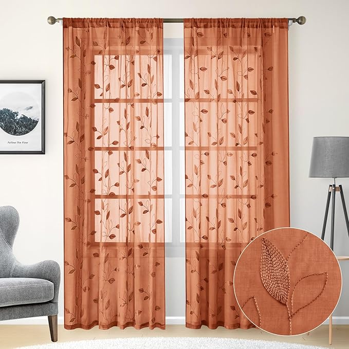 HOMEIDEAS Fall Burnt Orange Sheer Curtains 84 Inches Long 2 Panels Embroidered - Image 2