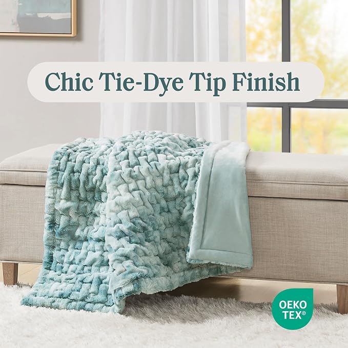 Madison Park Ruched Fur Throw Faux Fur Blanket, 50" x 60", Blue Tie Dye | Luxury, Premium, Soft Cozy Brushed Long Pile, All Season Plush Modern OEKO- TEX Certification Warm For Bed, Couch or Sofa
