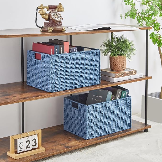 Vagusicc Wicker Storage Basket, Set of 2 Hand-Woven Paper Rope Wicker Basket, Small Storage Baskets for Organizing Toilet Paper Basket, Foldable Large Cube Storage Organizer Bins for Shelves (Blue)