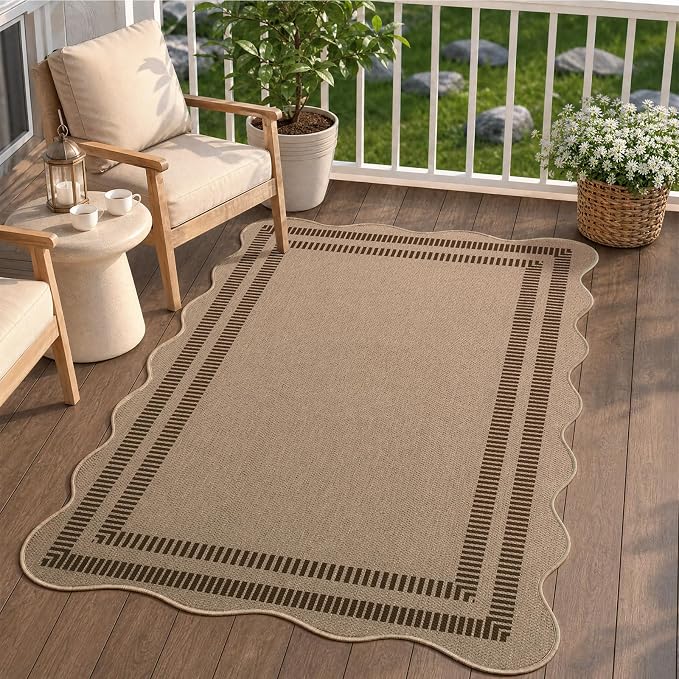EDIMENS Scalloped Easy Jute 3x5 Outdoor Rug, Washable Non-Slip Geometric Tan Rugs for Entryway, Indoor Outdoor Farmhouse Rug Modern Carpet Door Mat Area Rug for Patio Living Room Porch Kitchen