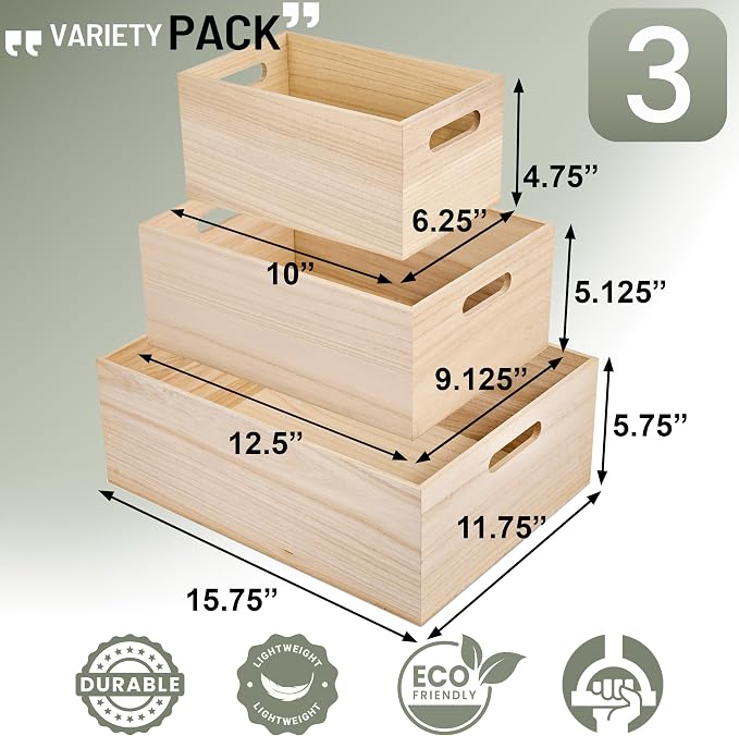 Sorbus Unfinished Wood Crates - Organizer Bins, Wooden Box for Pantry Organizer Storage, Closet, Arts & Crafts, Cabinet Organizers, Containers for Organizing (3 Pack)