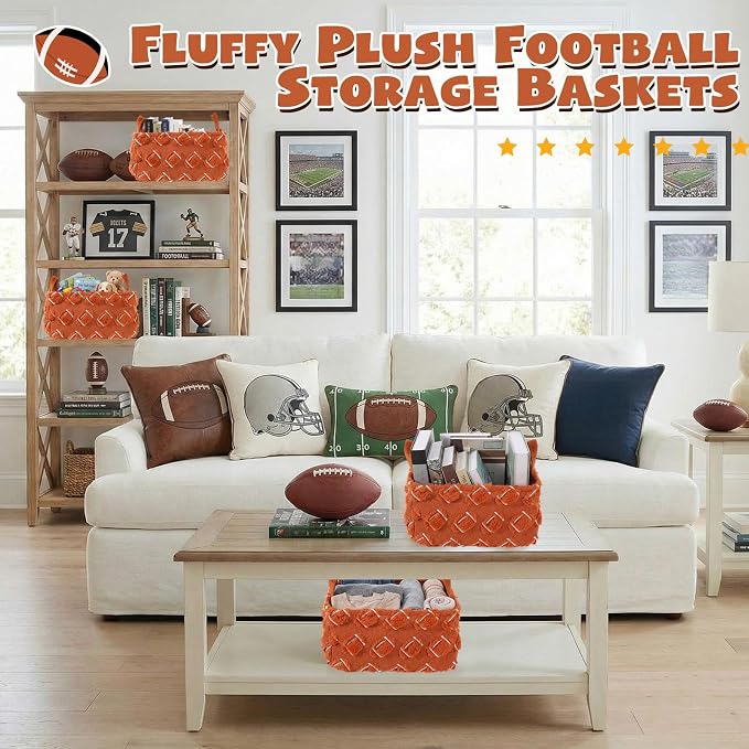 2 Pcs Football Storage Baskets 14x10'' Back to School Gift Basket | Sport, Foldable, Fluffy, Laundry Storage Bin with Handle, Closet Organizer, Preppy Dormitory, Countertop Tabletop Shelf