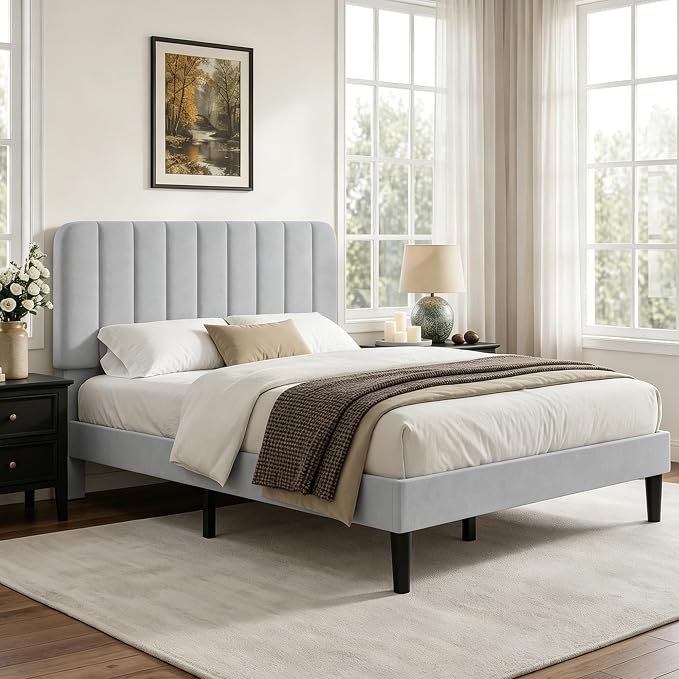 VECELO Full Size Bed Frame with Upholstered Headboard, Velvet Platform Bedframe Mattress Foundation, Strong Wood Slat Support, No Box Spring Needed,Light Grey