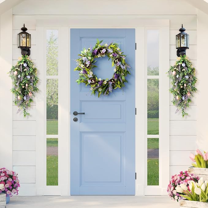 Glitzhome Easter Swag 28 Inch Artificial Spring Teardrop Wreath for Front Door & Porch Wall, Spring Easter Decor Decorative Swag