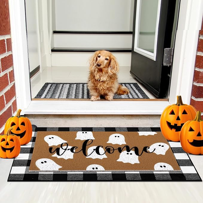 Tinideya 2 Pcs Halloween Layered Doormat Set, Ghost Welcome Mat with Black and White Buffalo Plaid Rug, Farmhouse Front Porch Rugs for Entryway Fall Decor