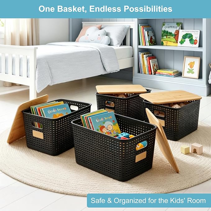 Bagnizer 2 Pack Tall Plastic Storage Bins with Bamboo Lids, 10.8qt Stackable Storages Baskets for Organizing Desktop Closet Playroom Classroom Office, 12"L x 8.3"W x 6.1"H, Black