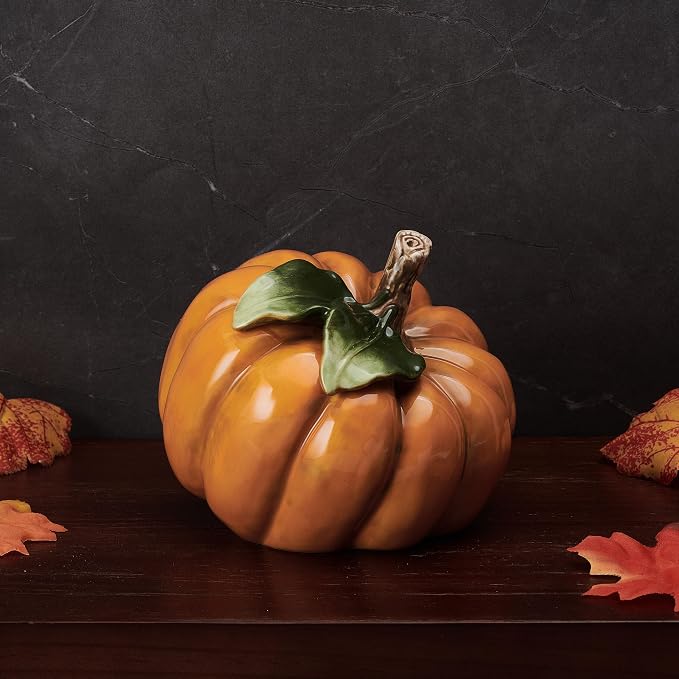 Fitz and Floyd Harvest Halloween Side Pumpkin Ceramic Figurine, 5.5 inch