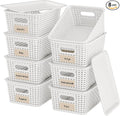 8 Pack Plastic Storage Baskets,White Stackable Bins with Lid | 5.3qt Storage Containers with Labels for Organizing Shelves Drawers Desktop Closet Playroom Classroom Office