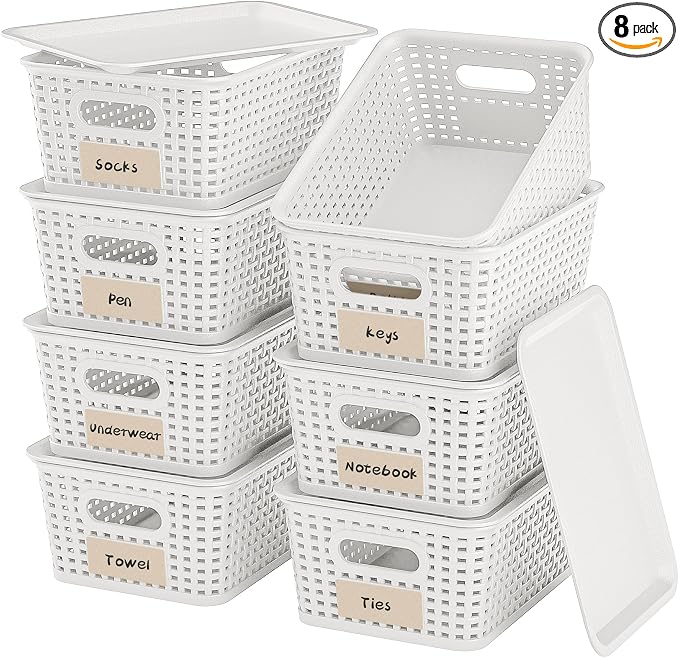 8 Pack Plastic Storage Baskets,White Stackable Bins with Lid | 5.3qt Storage Containers with Labels for Organizing Shelves Drawers Desktop Closet Playroom Classroom Office