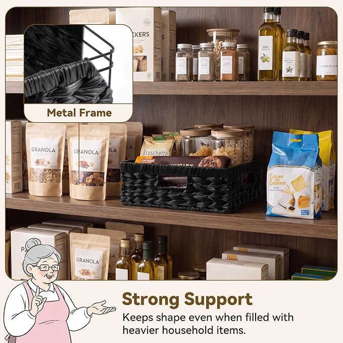 GRANNY SAYS Wicker Basket for Organizing, Wicker Storage Basket for Shelves, Woven Basket for Pantry Storage, Shallow Basket, Black, 1-Pack