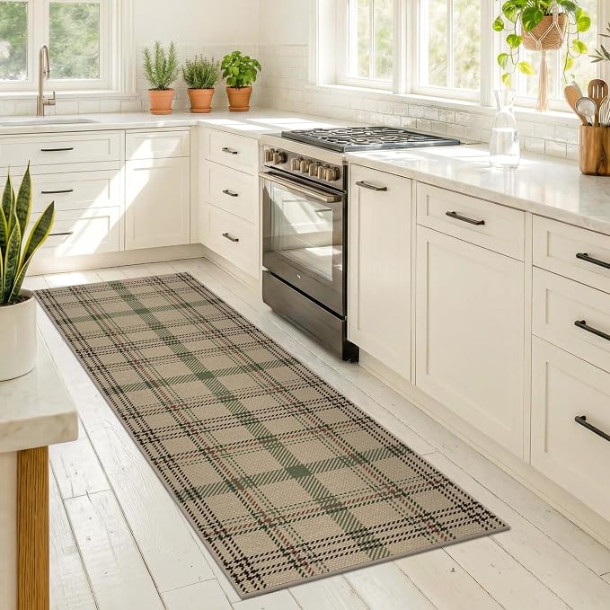 JTJ Plaid Easy Jute 2x6 Runner Rug, Washable Outdoor Runner Rug for Kitchen, Entryway and Front Door, Indoor Outdoor Farmhouse Non Slip Hallway Rug, Green