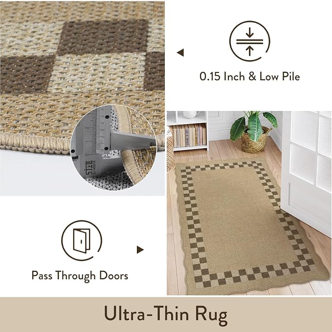 LIVEBOX Scalloped Easy Jute Checkered 8x10 Outdoor Rug, Washable Farmhouse Tan Rugs for Living Room Bedroom, Geometric Indoor Outdoor Non Slip Rug Dining Room Mat Carpet for Patio Backyard Home Decor