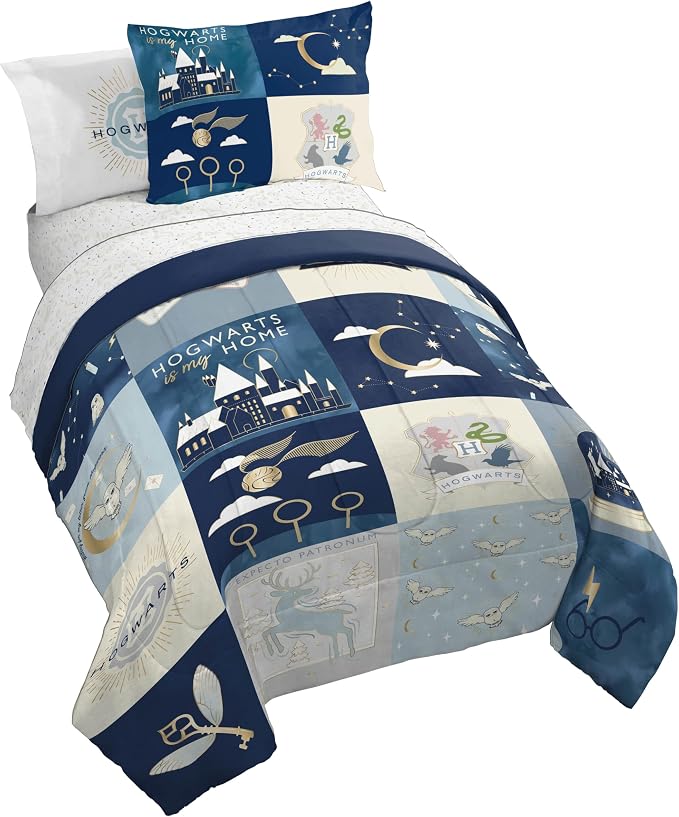 Harry Potter Twin Comforter Set 5 Piece Soft Hogwarts Bedding, Multi | Fantasy, Bed in a Bag, Comforter Sheets Sham Pillowcase, Official Product, Soft Microfiber, Machine Washable, Kids Gift