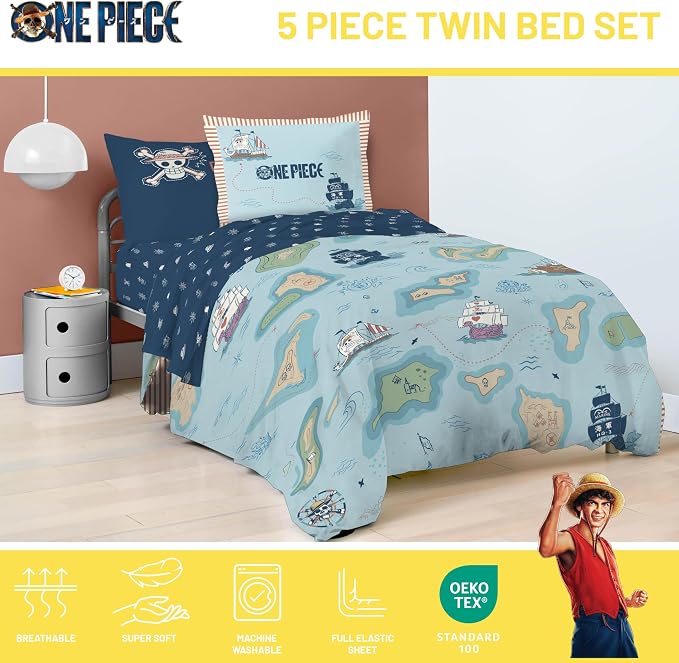 One Piece Luffy Twin Comforter Set 5 Piece Soft Anime Bedding, Multi | Bed in a Bag, Comforter Sheets Sham Pillowcase, Official Product, Soft Microfiber, Machine Washable Easy Care, Gift for Fans