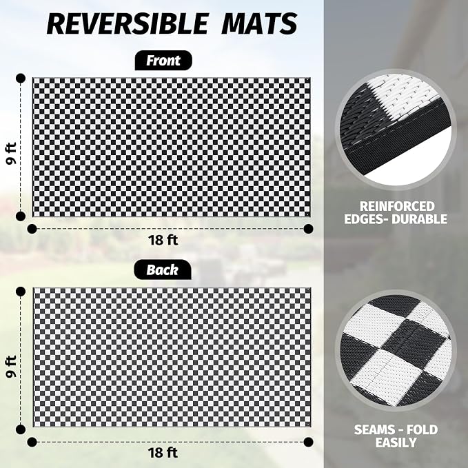 GOTGELIF Checkered RV Mat - 9x18FT, Reversible & Water-Resistance & Portable for RV Trips, Picnic, Camping, Outdoor, Garden, Patio - Black and White Checkered