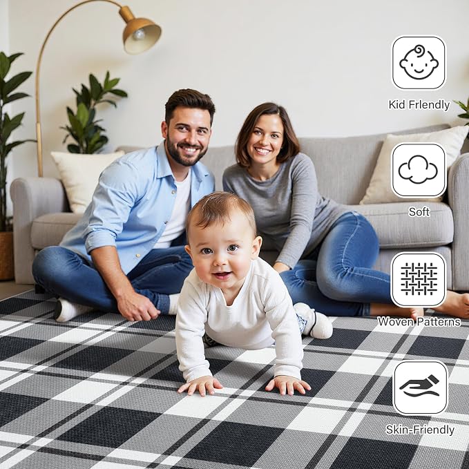 AROGAN Checkered Jute Runner Rug for Hallway, 2x8 Kitchen Runner Washable Rugs Carpet, Long Farmhouse Design Geometric Rugs for Entryway Indoor Laundry Welcome Mat 8 Ft Entry, Black and White