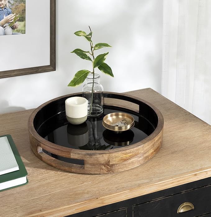 Kate and Laurel Ehrens Modern Wooden Tray, 15 inch Diameter, Natural and Black, Round Accent Tray for Farmhouse Decor