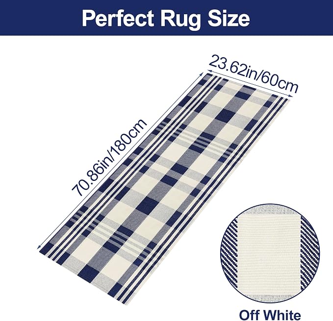 Buffalo Plaid Runner Rug Navy and Off White 2x6 Hallway Cotton Woven Rug Farmhouse Checkered Runner Rug Washable Runners for Entryway Kitchen Laundry Room Bedroom Living Room