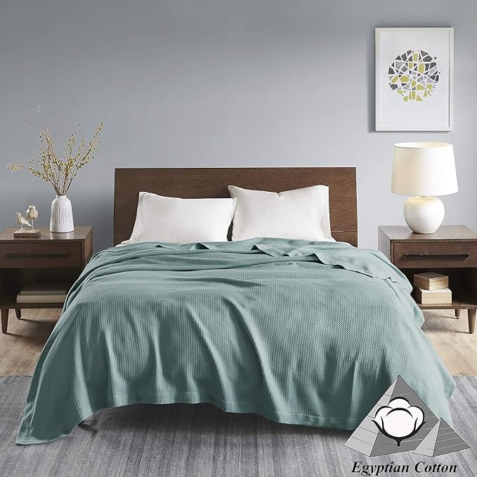 Madison Park 100% Egyptian Cotton King Size Bed Blanket for Summer Teal | Cozy Soft Breathable Durable, Waffle Weave Woven Casual, Lightweight Knit All Season Throw for Bed Couch or Sofa, OEKO TEX
