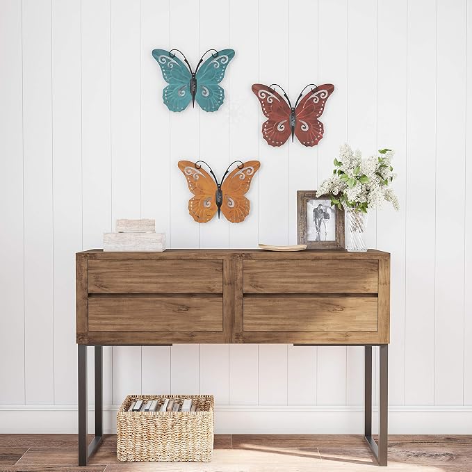 Lavish Home Butterfly Metal Wall Art, 3-Piece-Set | Hand Painted Decorative 3D Butterflies for Rustic Farmhouse Office or Home Decor