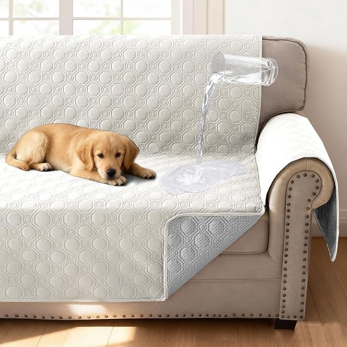 H.VERSAILTEX 100% Waterproof Couch Cover for 3 Cushion Couch Sofa Cover Washable for Pet Friendly with Elastic Straps Thick Durable Sofa Cover with Storage Pocket(XL Sofa, Beige)