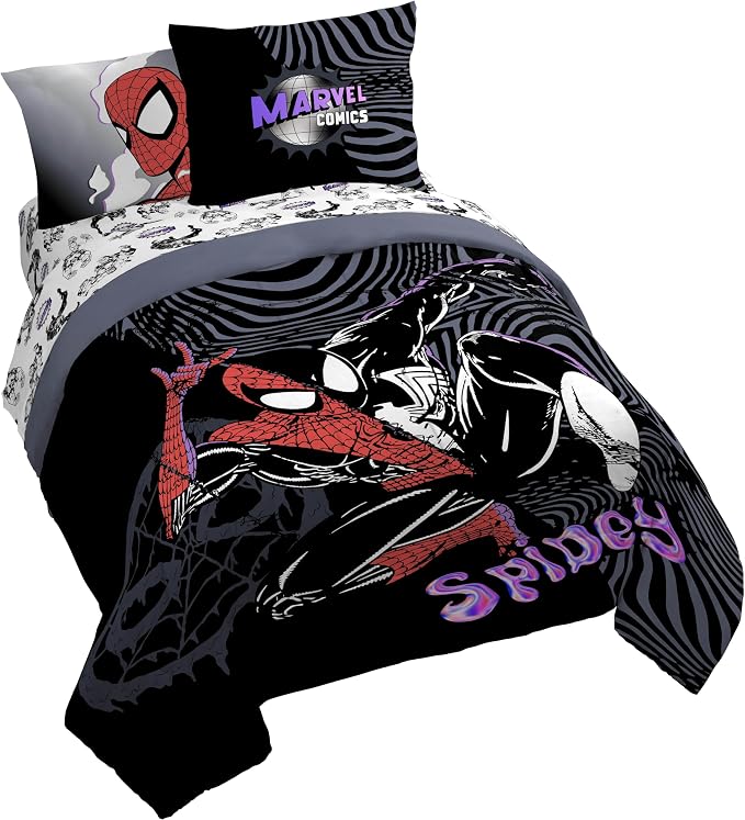 Marvel Comics Spiderman Queen Comforter Set 7 Piece Soft Bedding, Black | Venom, Bed in a Bag, Comforter Sheets Shams Pillowcases, Official Product, Soft Microfiber, Machine Washable, Boys Gift