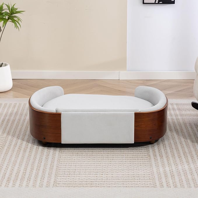 Elevated Dog Bed Pet Sofa with Solid Wood Legs and Bent Soft Backrest, Pet Cat Stool Bed with Velvet Cushion,for Large and Medium Size Dogs Kitten, Large Size