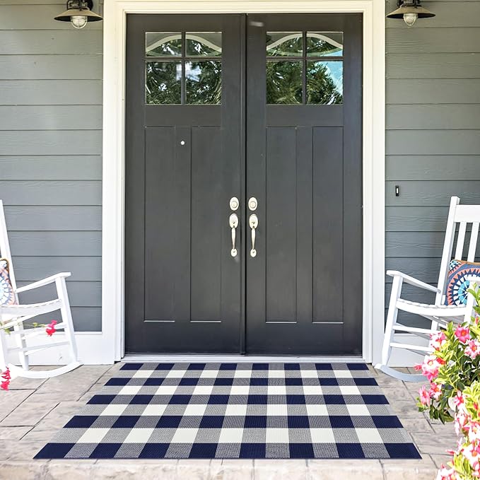 Buffalo Plaid Rug 3x5 Cotton Woven Buffalo Check Rug Navy and White Checkered Outdoor Rug Washable Indoor Outdoor Area Rug Layered Front Door Mats Carpet for Farmhouse Entryway Living Room Bedroom