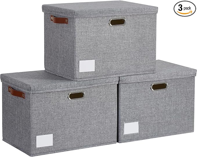 15" Large Collapsible Storage Bins with Lids, Stackable Closet Organizers with PU Handle and Labels, 3-Pack Decorative Fabric Storage Boxes for Home, Bedroom, Closet, Office, Nursery(Gray)