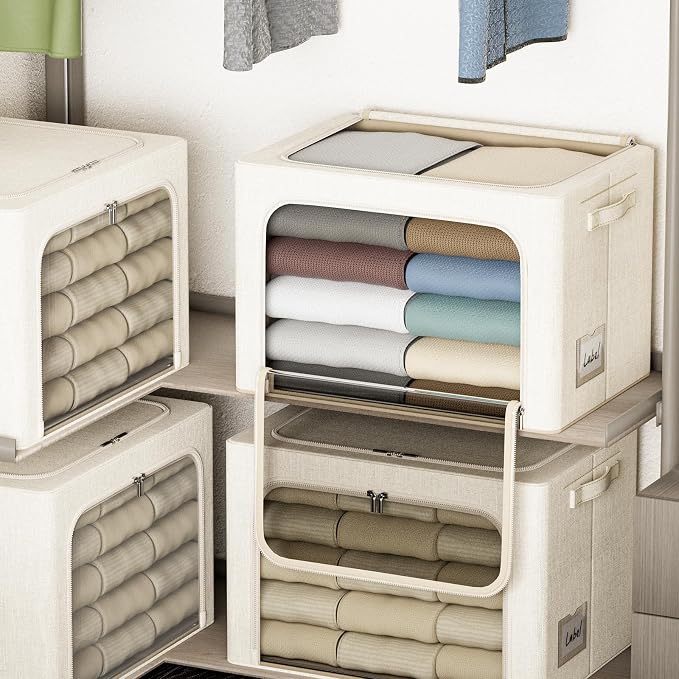 4 Pack Clothes Storage Bins with Metal Frame - 36L Stackable Storage Box with Lid，Foldable Storage Container Organizer for Clothes，Linen Fabric Storage Box with Clear Window＆Zippers＆Handles