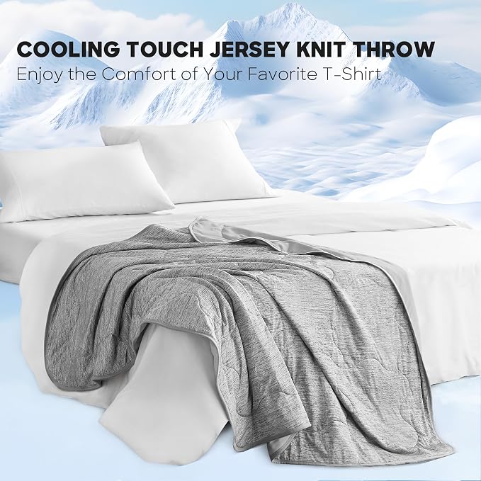 Sharper Image Cooling Touch Down Alternative Throw Blanket, 50 x 60, Grey | Jersey Knit, All Season, Ultra Soft, Microfiber, Cozy Warmth for Sofa or Bed, Quilted, Lightweight, OEKO-TEX Certified
