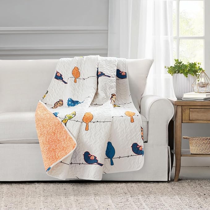 Lush Decor Rowley Birds Reversible Throw Blanket, 50" W x 60" L, Yellow & Gray - Throw Blankets for Bed - Couch Blanket - Farmhouse Throw Blanket for Couch